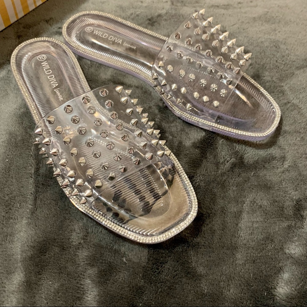 FOREVER 21 Clear Jelly Slides Rhinestone Studded Sandals sz 10